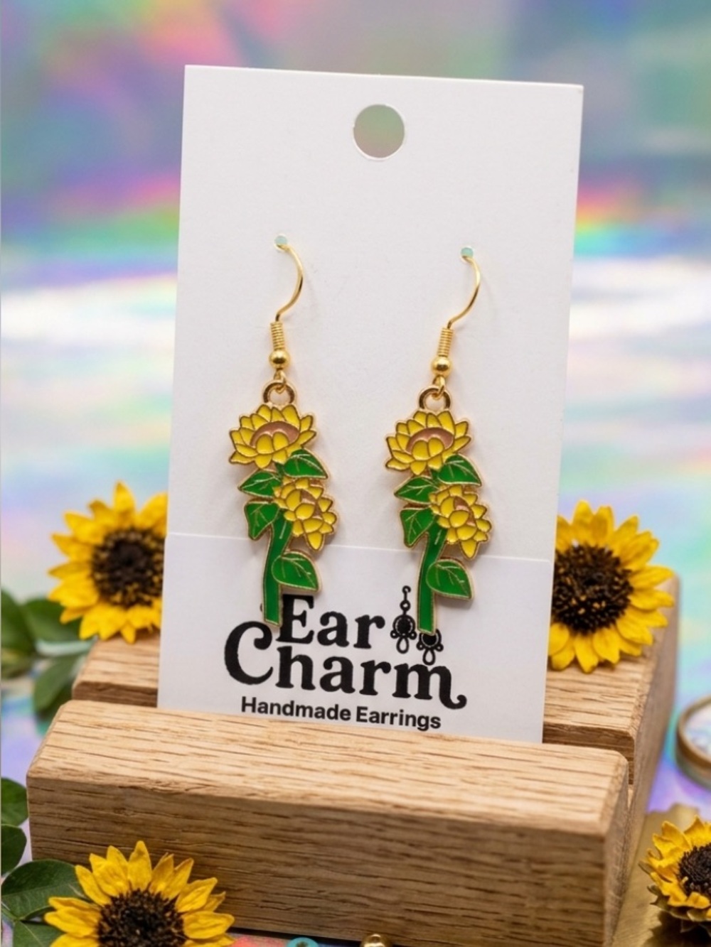 New - Handmade Yellow & Green Floral Sunflower Dangle Earrings
